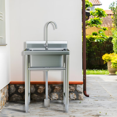 Free Standing Stainless-Steel Single Bowl Commercial Restaurant Kitchen Sink Set W/Faucet, Prep & Utility Washing Hand Basin, Laundry Tub For Indoor Outdoor