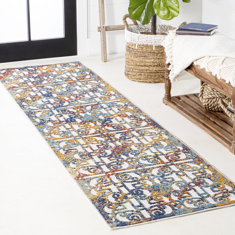 Wolfhard Ornate Trellis Cream/Blue/Orange Indoor/Outdoor Rug, Runner 2'3" X 8'