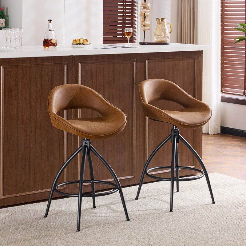 Set Of 2  Leather Swivel Bar Stools With Curved Back And Footrest For Kitchen Island In Brown, Brown