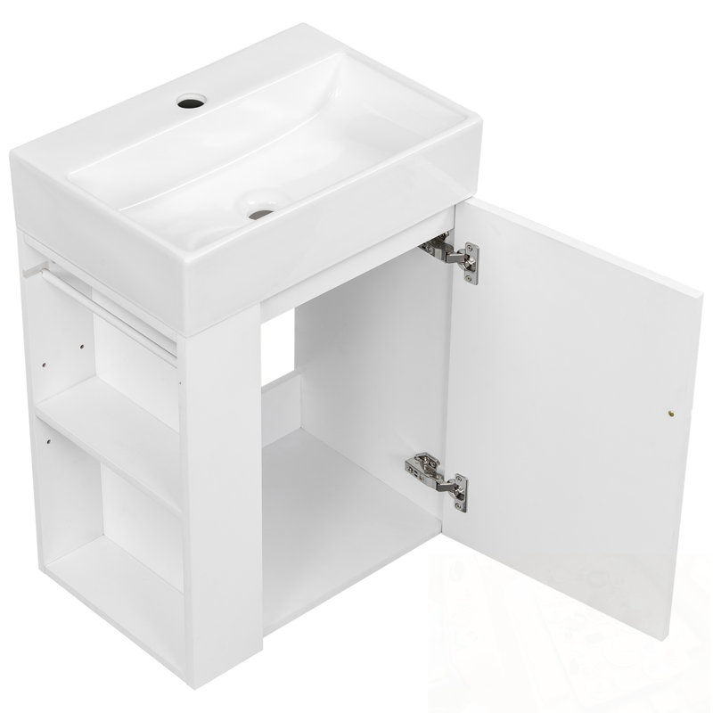 Meuble-lavabo mural avec lavabo, poignée en métal et tablettes de rangement latérales, Blanc