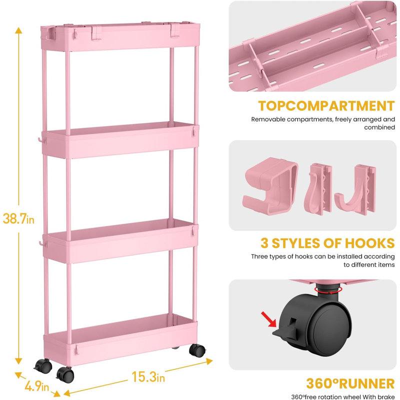 Slim Rolling Storage Cart, 4 Tier Storage Organizer Utility Cart Mobile Shelving Unit, Rose Gold, 38.7" H x 15.3" W x 4.9" D