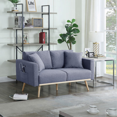 Easton 56.5" Dark Gray Linen Fabric Loveseat With USB Charging Ports Pockets & Pillows
