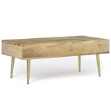 Table basse à plateau relevable moderne en bois de manguier massif avec rangement caché et incrustation géométrique en laiton Jager