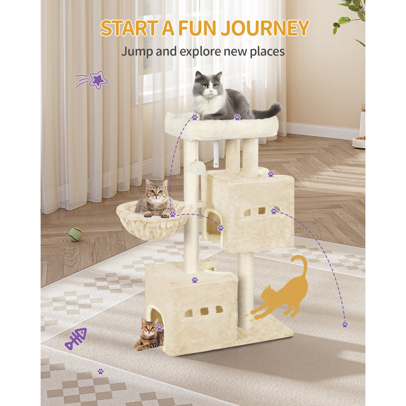 Cat Tree, 98 cm Tower, Sisal Scratching Post, Cats Tower for Indoor, Multi-Level Stable Cat Tree with Cats House, 2 Caves, Pompoms 