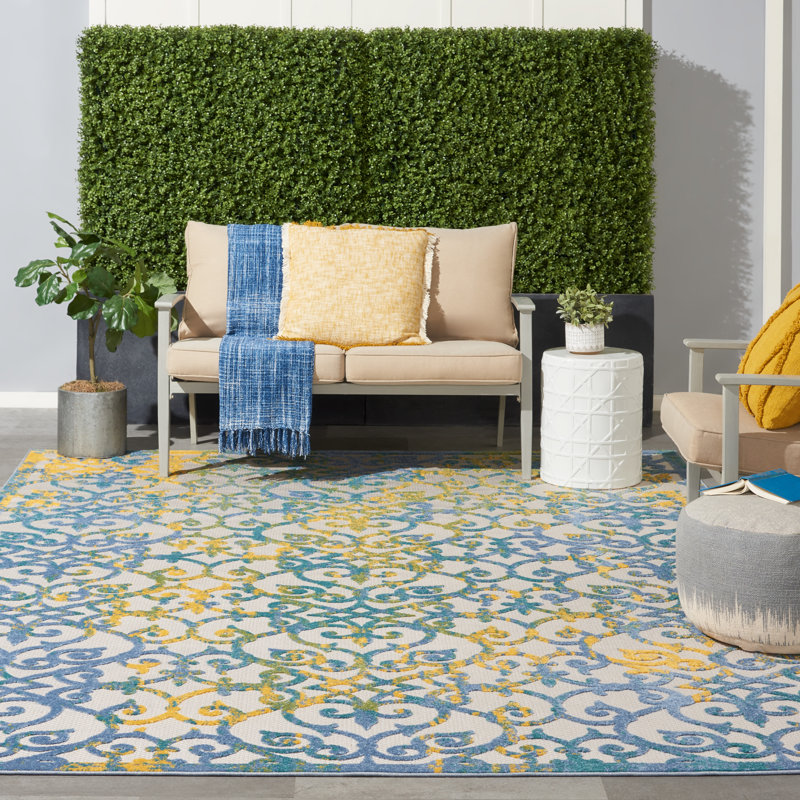 Tapis intérieur / extérieur bleu / ivoire Mappsville, Rectangulaire 7 pi x 10 pi