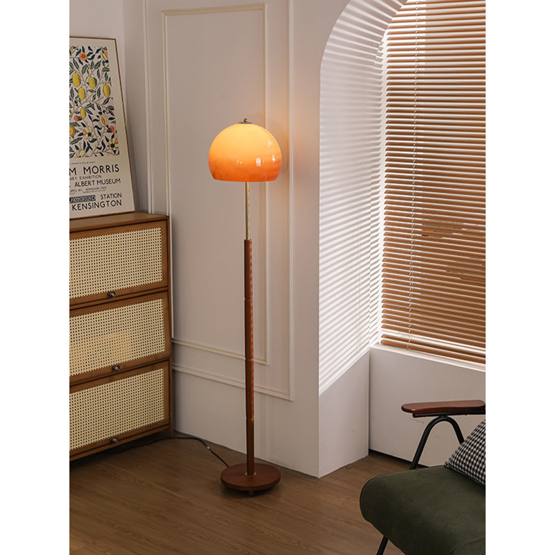 Minimalist Mid-Century Wood Floor Lamp, Gradient Glass Shade Convenient Foot Switch & Adjustable Light