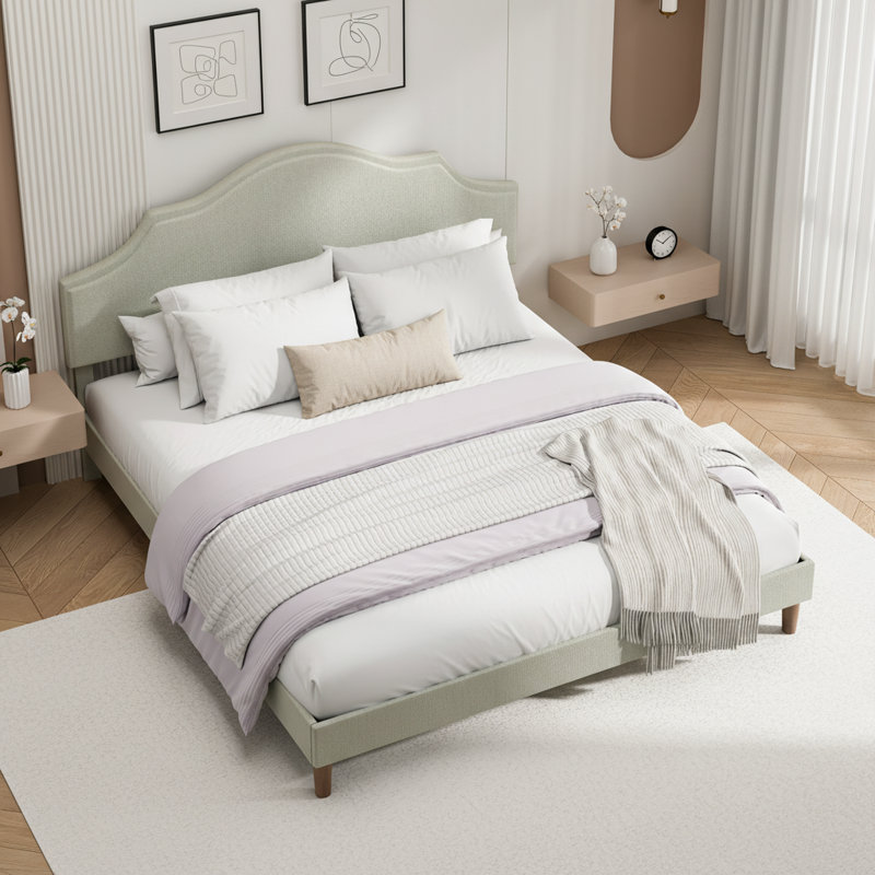 Lit plateforme tapissier avec tête de lit ajustable, Beige, Très grand lit