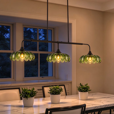 3-Light Vintage Green Ribbed Glass Linear Pendant Light