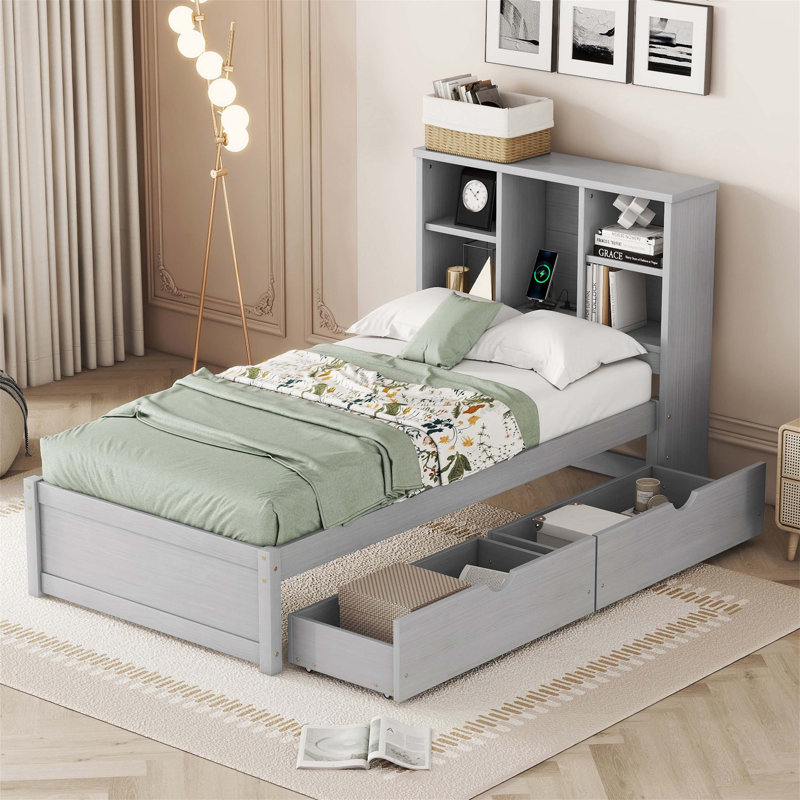 Structure de lit simple avec tête de lit bibliothèque et port USB intégré et tiroirs pratiques pour plus de confort et de rangement