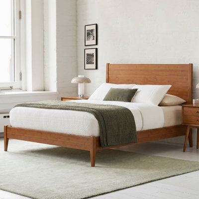 Structure de lit plateforme en bois de bambou massif de style Mid-Century moderne avec lattes de bois et support en métal, aucun sommier requis, assemblage facile