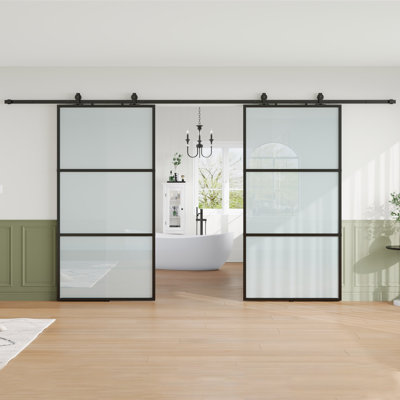 84" Metal and Glass Sliding Barn Door with Two-Way Soft Close and Installation Hardware Kit