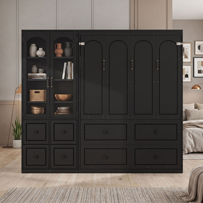 Grand lit escamotable avec armoire de rangement, Noir