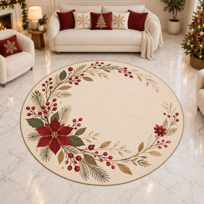 "Ultra Thin" 6' x 6' Poinsettia Berry Corner Garland Christmas Round Area Rug for Living Room, Bedroom and Home Office, Soft Low Pile Indoor Carpet with Non-Slip Silicone Backing