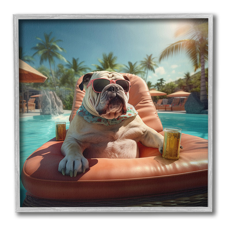 «Bulldog in Resort Pool», estampe numérique par Jim Baldwin, Giclée encadrée noir minuit, H 17 po x l 17 po