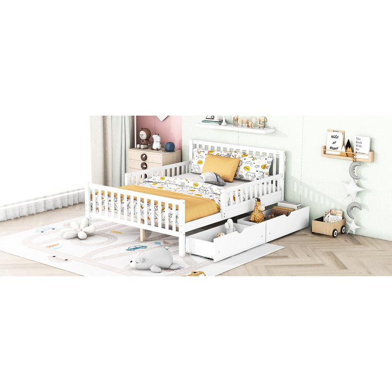 Lit double en bois robuste avec garde-corps et deux tiroirs de rangement, plateforme de couleur blanche, Lit double, Blanc