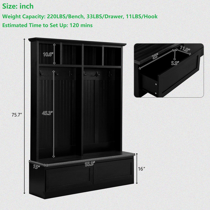75.7"H Hall Tree with Open Storage,4-in-1 Hall Tree with Bench, Black