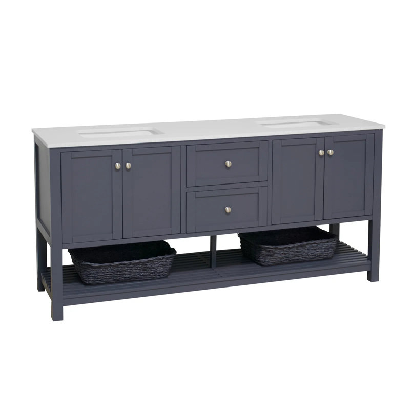 Binne 72'' Double Bathroom Vanity with Top, Marine Gray, Engineered White