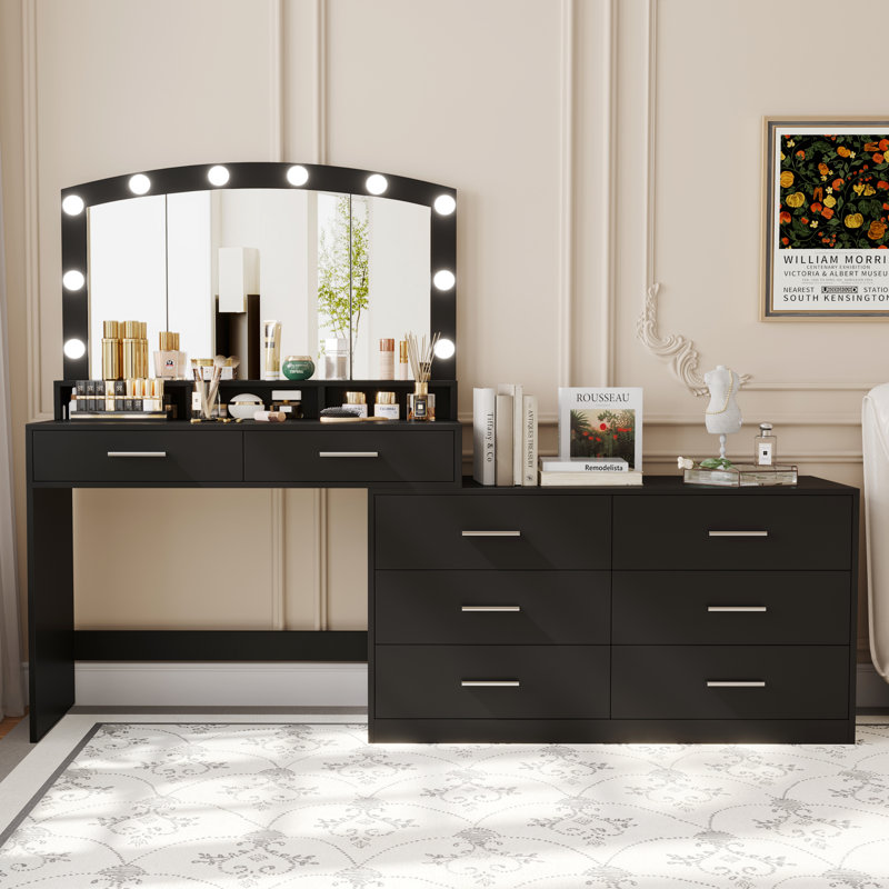 Meuble-lavabo à 8 tiroirs avec miroir 3 lumières et miroir Zaghir, Noir