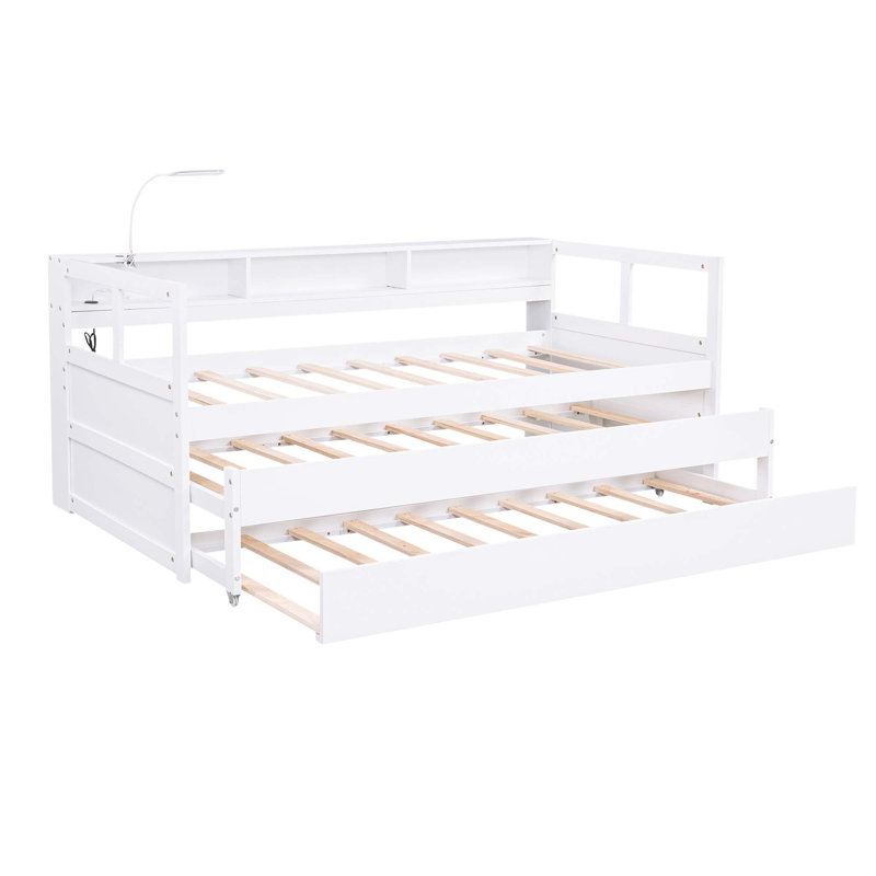 Azden Daybed Twin XL Wood Daybed with 2 Trundles, 3 Storage Cubbies, 1 Light for Free and USB Charging Design, White