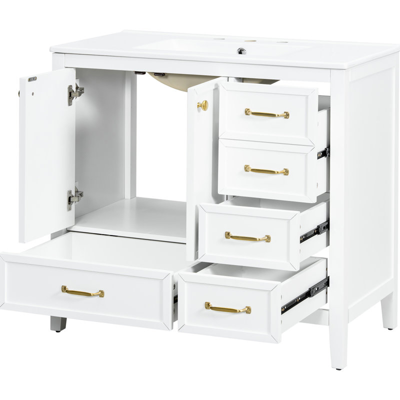 Meuble-lavabo 36 po avec lavabo en céramique, structure et pieds en pin massif, blanc, tiroirs, système de rangement multiple avec cadre en bois de 36 po, conception lisse, tiroir