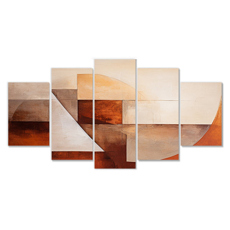 «Elemental Brown Triangle - Abstract Collages», art mural 5 pièces, H 32 po x l 60 po