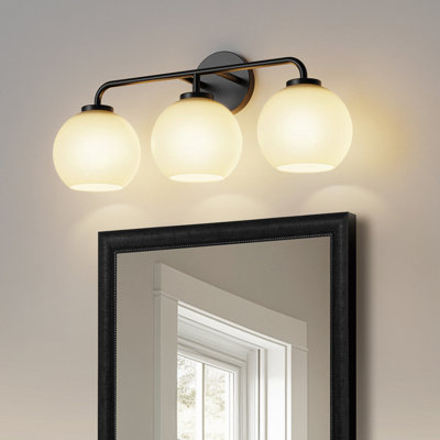 Cantara Modern Black 3-Light Vanity Fixture With Milk White Globe Glass Shades