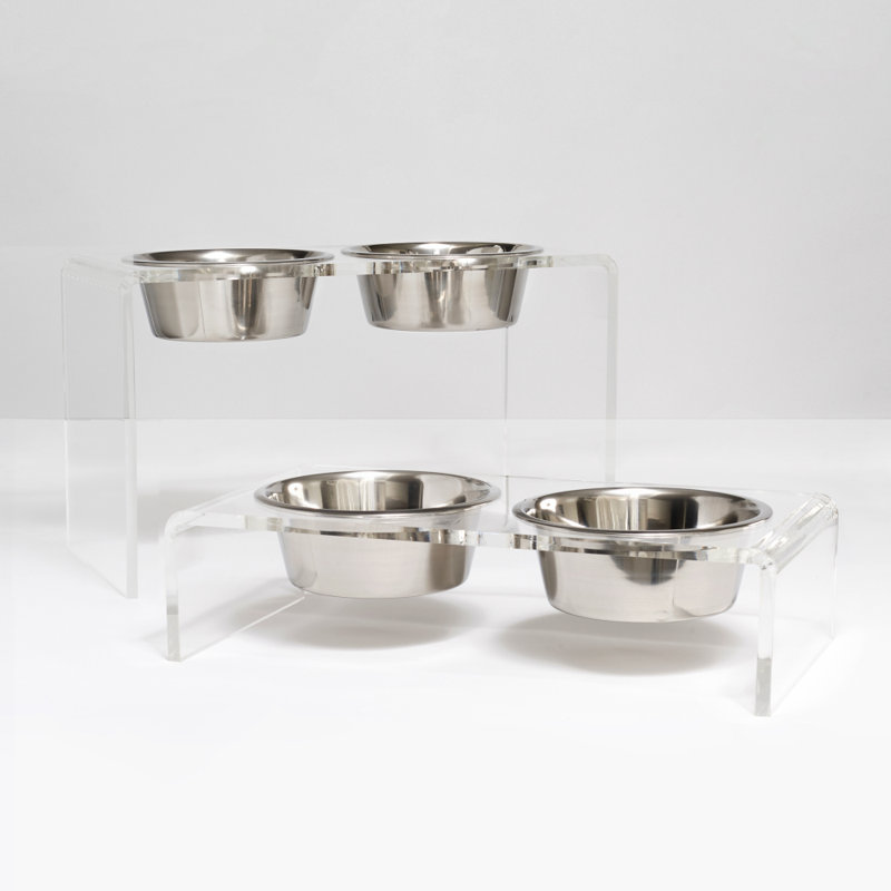 Tall Clear Elevated Feeder with Bowls, Silver, Clear