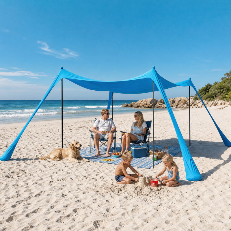 7,5 pi X 7,5 pi Pare-soleil de plage Easy Pop Up avec protection UVF 50+ avec poteaux de stabilité au vent et sacs de sable