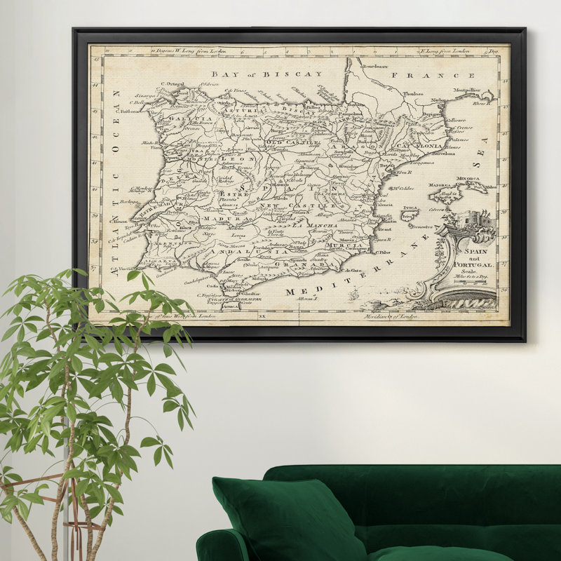 Carte de l’Espagne-impression d’art graphique sur toile encadrée, H 26,5 po x l 36,5 po x P 1,5 po, Cadre noir