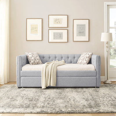 Daybed With Trundle Upholstered Tufted Sofa Bed, With Button And Copper Nail On Square Arms,Both Twin Size