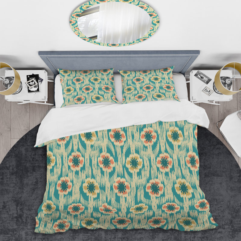 Ikat vert floral - ensemble de housse de couette abstrait - microfibre de polyester