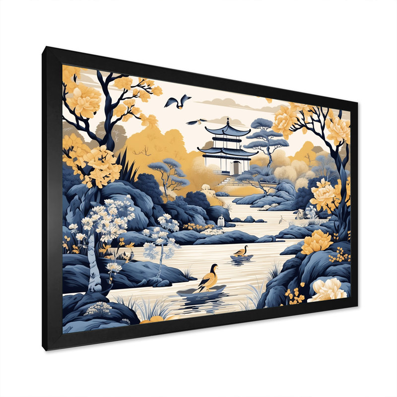 «Blue and Yellow China Blooming Landscape II», art mural Chine, Cadre d'angle fermé noir, H 12 po x l 20 po x P 1 po