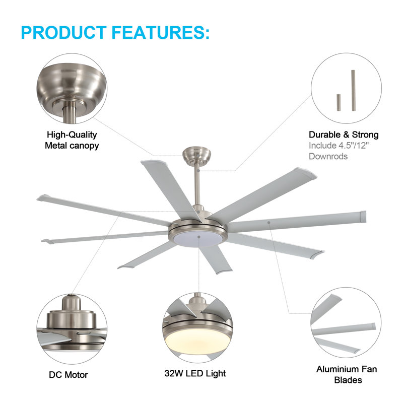 Ventilateur de plafond industriel de 64 po avec lumière et télécommande, 8 grandes pales en aluminium, 3 CCT, moteur CC réversible à 6 vitesses, nickel
