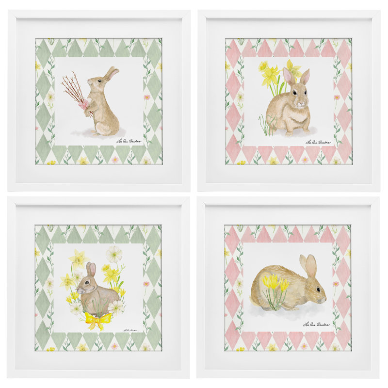 Spring Bunnies on Argyle, ensemble de 4 reproductions encadrées sous verre, par Lee Ann Sanders, H 13 po x l 13 po
