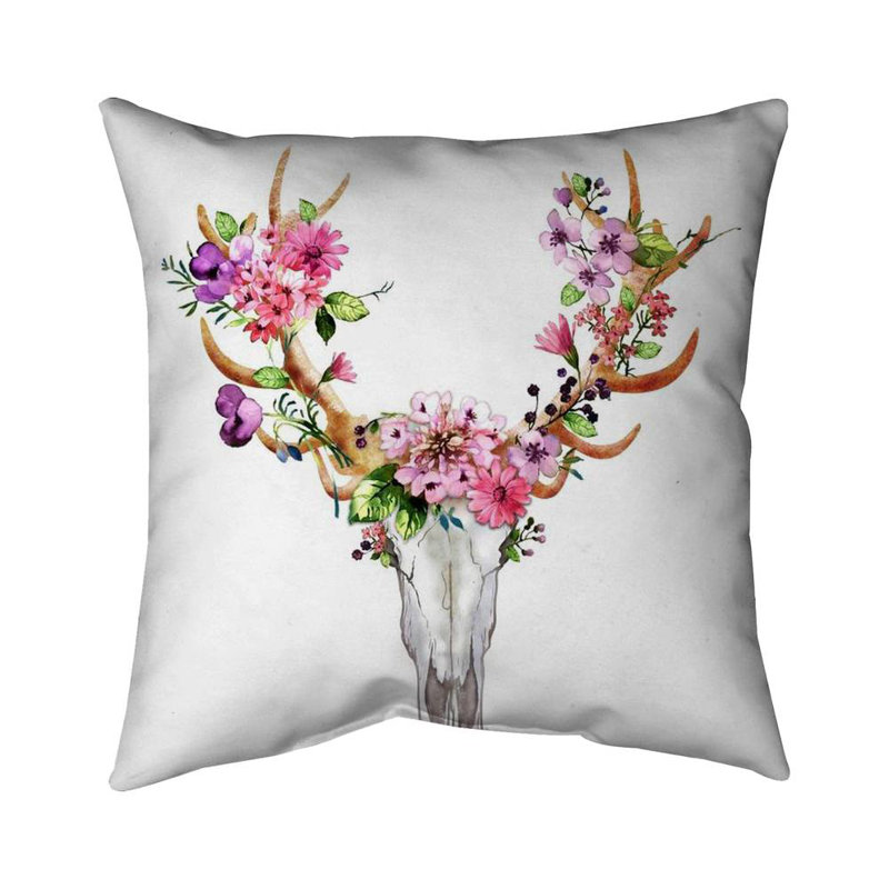 Rustic deer skull with flowers - 18"x18" Throw pillow - Poly twill - Print on demand