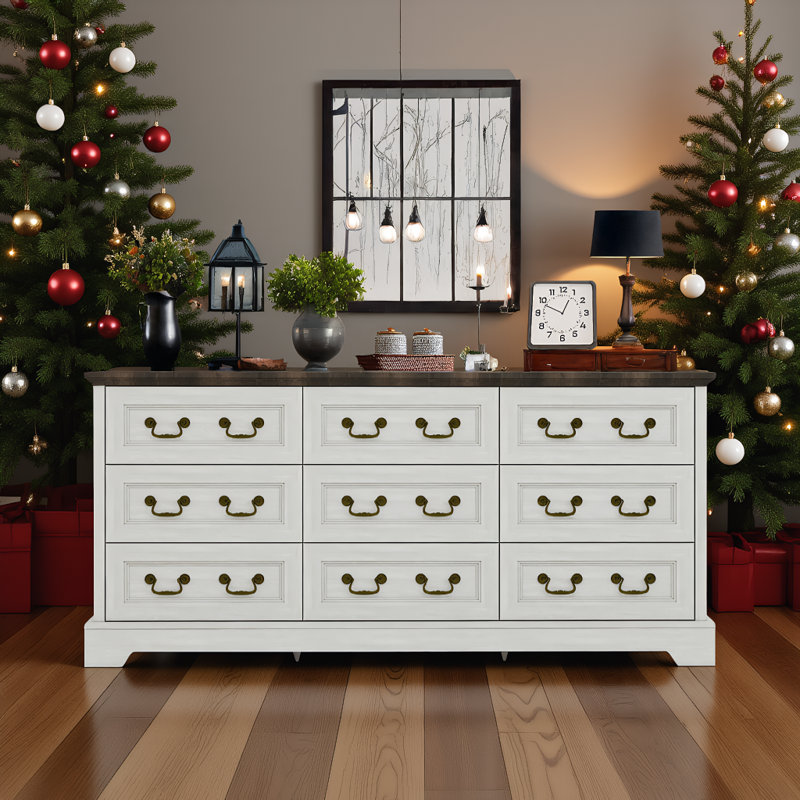 Commode de ferme avec 9 tiroirs de 62,9 po de largeur convenant aux chambres à coucher, Gris / Brun