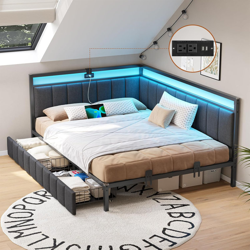 Corner Bed Frame with LED Lights and Charging Station, Cord Cloth Upholstered Bed with 2 Underbed Storage Drawers, Modern Sofa Bed, No Box Spring/No Noise