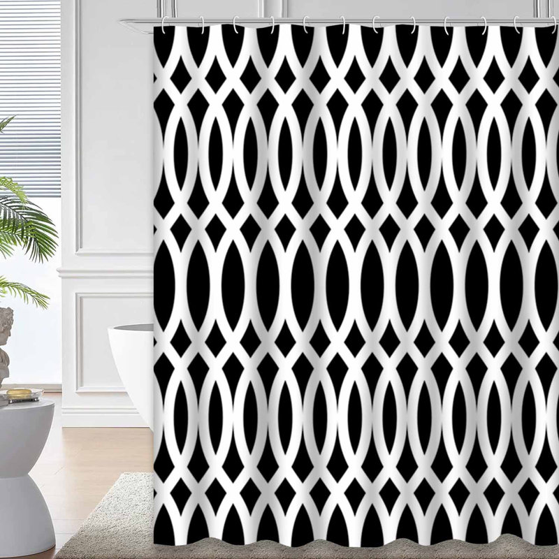 Rideau de douche sans soudure à motif abstrait géométrique blanc avec 12 crochets, L 72 po x l 78 po