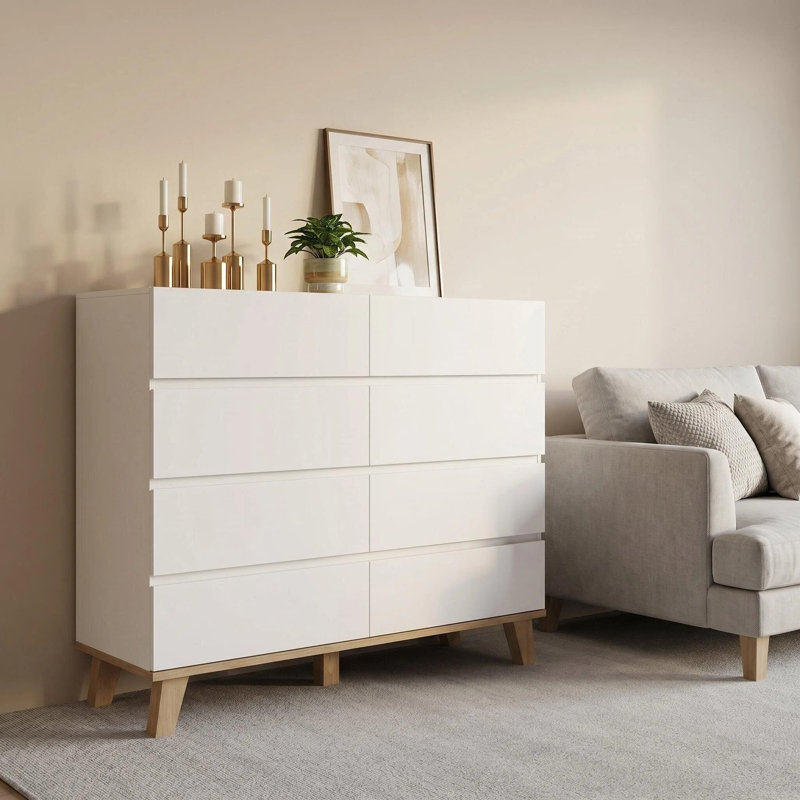 Commode blanche 8 tiroirs, commode de rangement moderne sans poignée avec pieds en bois naturel massif, armoire à tiroir minimaliste