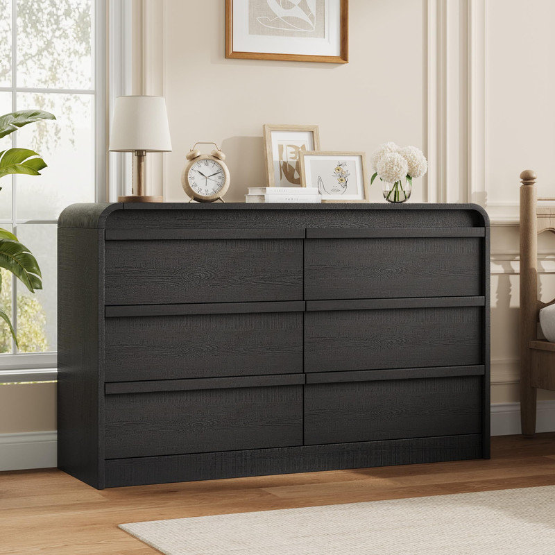 47-Inch Wide Arched 6-Drawer Dresser in Black - Wood Storage Cabinet with Curved Profile for Living Room, Entry Area or Nursery