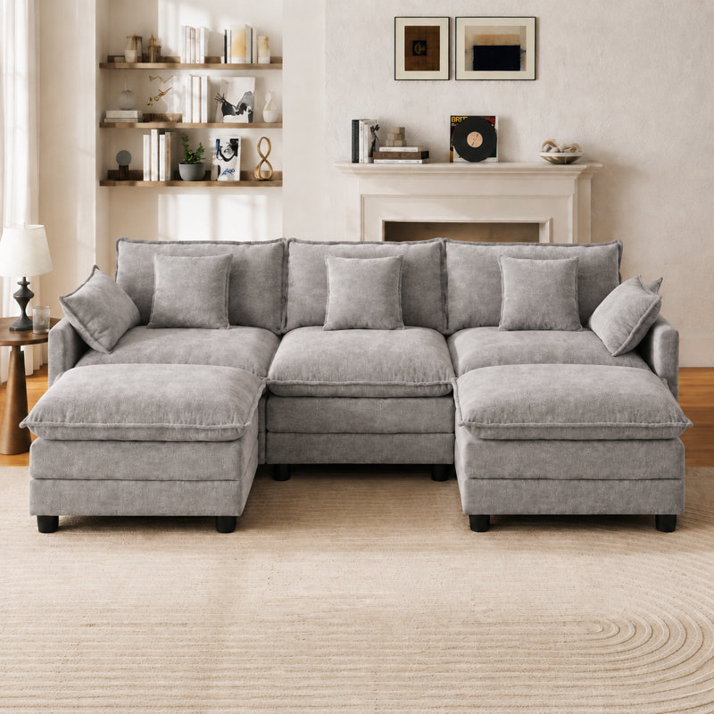 Arale 98'' Chenille Upholstered U Shaped Modular Sectionals, Bella Green Chenille