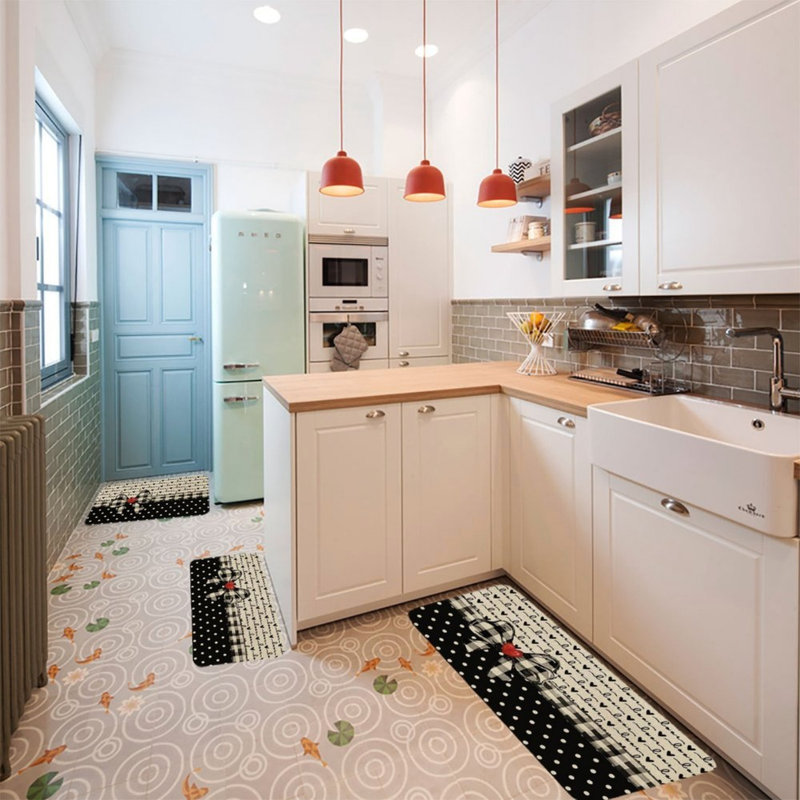 Black White Love Bow Kitchen Mat 3 Pc Set for Kitchen & Entryway