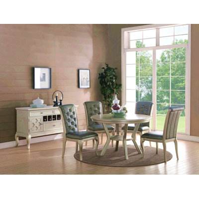 Formal Traditional Dining Table Round Table Silver Hue 5Pc Dining Table W Shelf 4X Side Chairs Tufted Back Dining Room Furniture