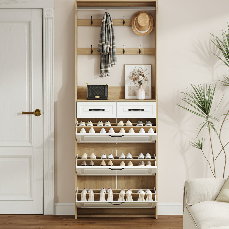 Armoire de rangement pour chaussures à 3 tiroirs et 2 tiroirs de couleur chêne neuf - grande capacité, blanc Pb +, style antique américain pour l'espace de vie