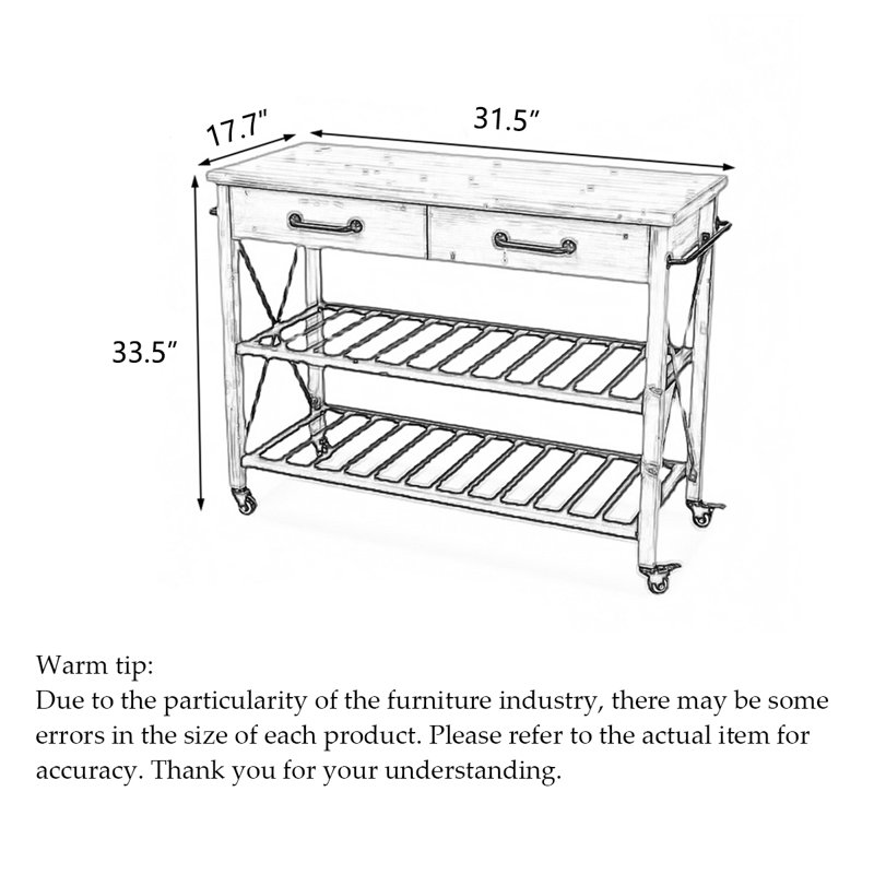 Kitchen Island with Pine Solid Wood Top, 33.5" H x 31.5" W x 17.7" D