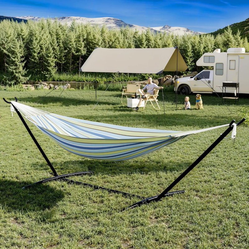 Heavy Duty Double Hammock with Stand for 2 Persons, 450 lbs Capacity, Cotton Rope Bed, Pillow,  Easy Assembly, Outdoor Indoor, Backyard, Patio, Poolside