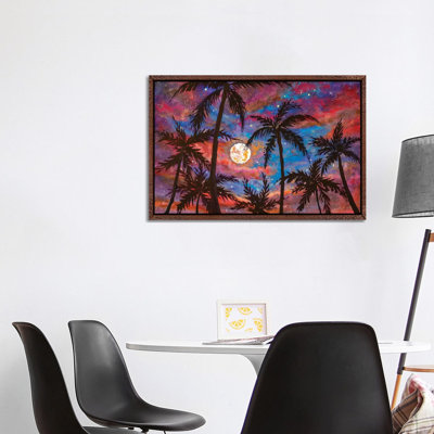 Beautiful Palm Trees, Pink Purple Sunset And Large Moon by Valery Rybakow - Painting on Canvas