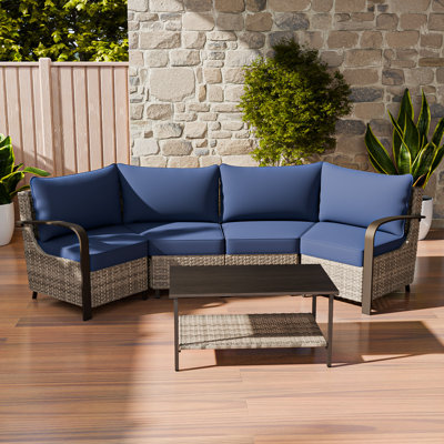 5 Piece Rattan Patio Half Moon Conversation Set Sofa Seating Group with Cushions