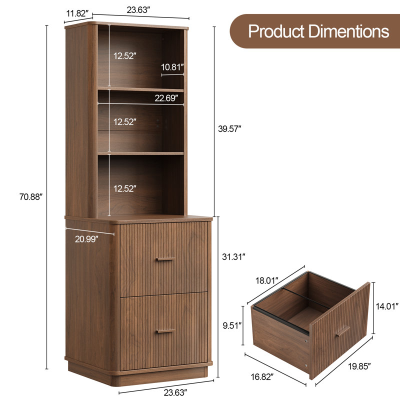 71" Tall Bookcase with 2 File Drawers & Printer Shelf, Mid-Century Filing Cabinet, Walnut
