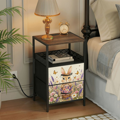 Table de chevet 2 tiroirs avec station de charge, table de chevet pour chambre avec ports USB et amp; Outlets, tablette ouverte noire, table de chevet avec imprimé lapin mignon lapin